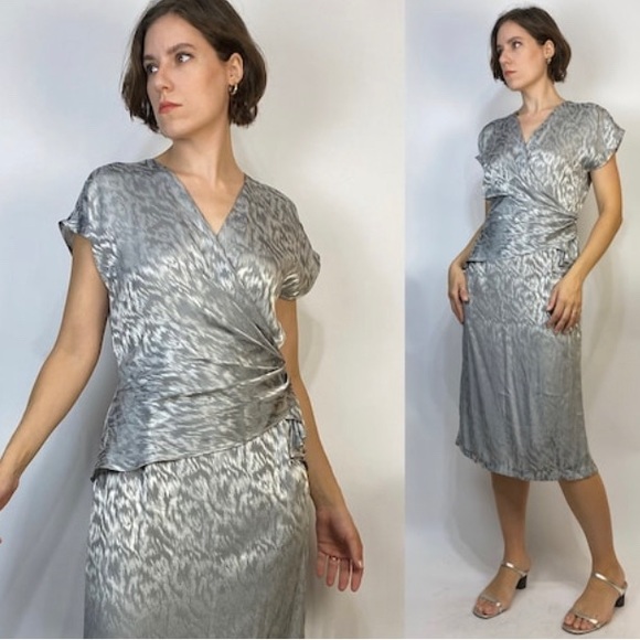 Vintage 80s SILKY Silver Faux Wrap DISCO Dress! Medium - Picture 1 of 7